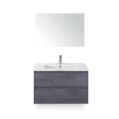 Porto Badmeubelset 90 cm - Beton Antraciet - Keramische Wastafel Wit Slim - met Spiegel