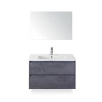 Porto Badmeubelset 90 cm - Beton Antraciet - Keramische Wastafel Wit Slim - met Spiegel - thumbnail