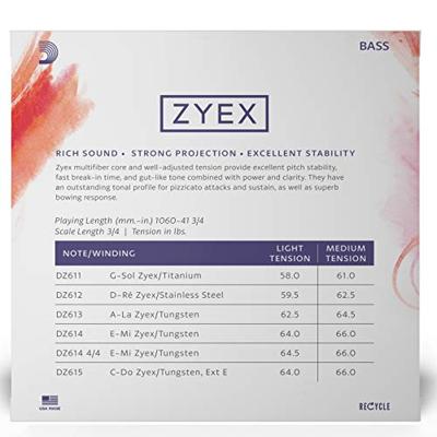 D'Addario DZ610 3/4L Zyex Bass String Set 3/4 Scale, Light Tension Zyex Bass D'Addario DZ610 3/4L Zyex Bass String Set 3/4 Scale, Light Tension Zyex Bass