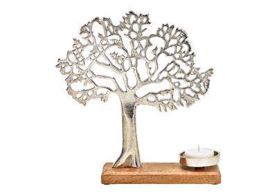 Theelichthouder boom op sokkel van metaal/mangohout, zilver (B/H/D) 31x33x8cm Theelichthouder boom op sokkel van metaal/mangohout, zilver (B/H/D) 31x33x8cm
