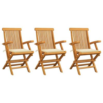 Tuinstoelen 3 st met crèmekleurige kussens massief teakhout