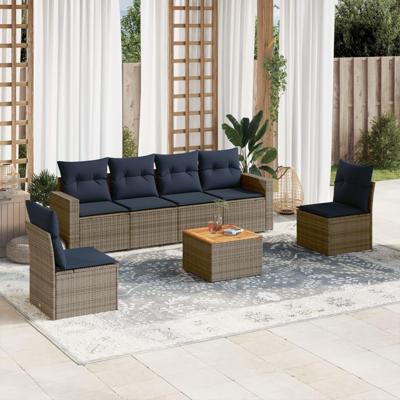 7-delige Loungeset met kussens poly rattan grijs