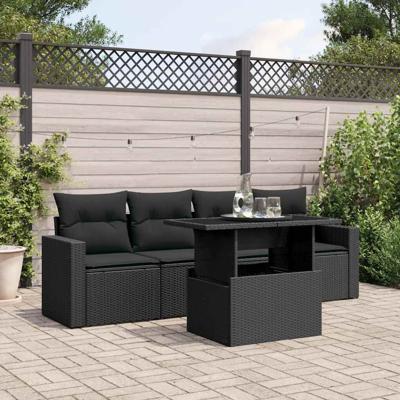 5-delige Loungeset met kussens poly rattan zwart