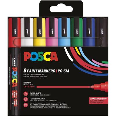 Uni POSCA paintmarker PC-5M, 1,8 - 2,5 mm, etui van 8 stuks in basiskleuren
