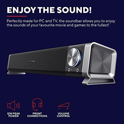 Trust Gaming GXT 618 Asto Soundbar Luidspreker, 12W Piekvermogen, Geluidssysteem met Koptelefoon- en Microfoonaansluiting, Speaker voor PC, TV - Zwart