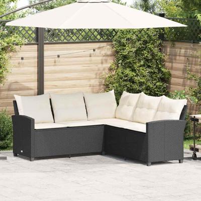 Loungebank met kussens L-vormig poly rattan zwart
