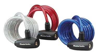 Masterlock 3 coiled cables 1,80mx Ø 8mm - vinyl cover : blue, red & transparent - 8127EURTRI Masterlock 3 coiled cables 1,80mx Ø 8mm - vinyl cover : blue, red & transparent - 8127EURTRI