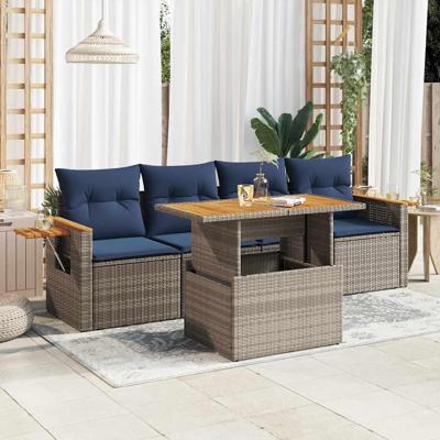5-delige Loungeset met kussens poly rattan grijs