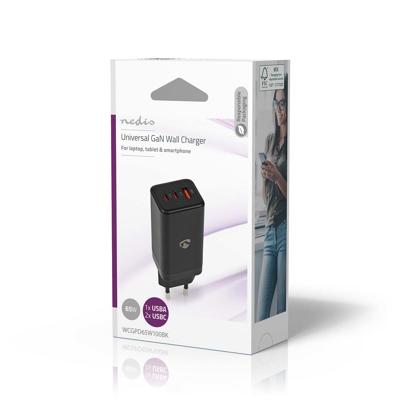 Nedis Oplader | 65 W | GaN | Snellaad functie | 3.0 / 3.25 A | Outputs: 3 | USB-A / 2x USB-C | Automatische Voltage Selectie - WCGPD65W100BK