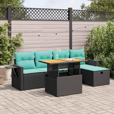 6-delige Loungeset met kussens poly rattan acacia zwart