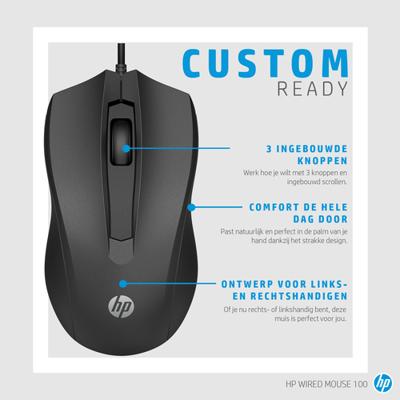 HP 100 Muis Kabelgebonden Optisch Zwart 3 Toetsen 1600 dpi