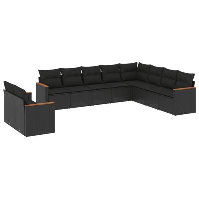 10-delige Loungeset met kussens poly rattan zwart