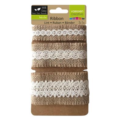 Vaessen Creative • assortiment juten band/kant naturel/ivoor 3pcs 1m