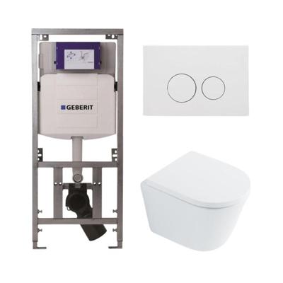 QeramiQ Dely Toiletset - 36.3x51.7cm - diepspoel - rimless - Geberit UP320 inbouwreservoir - met Burda frame - softclose toilet zitting 35 mm - mat witte bedieningsplaat - ronde knoppen - wit glans SW1026255 / SW1159505/0701131/SW706190