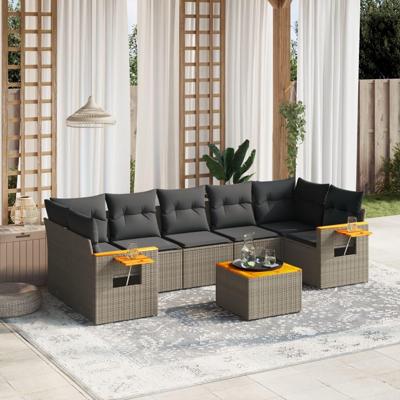 8-delige Loungeset met kussens poly rattan grijs
