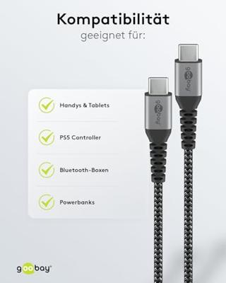 goobay USB-C > USB-C textielkabel met metalen aansluitingen