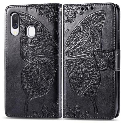 Butterfly Love bloemen reliëf horizontale Flip lederen case voor Galaxy A40 met houder & kaartsleuven & portemonnee & Lanyard (zwart)
