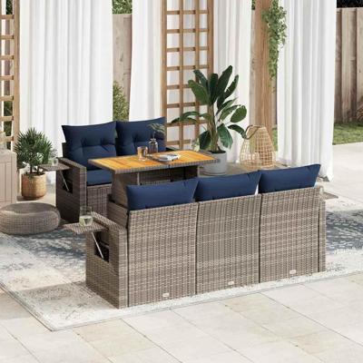 6-delige Loungeset met kussens poly rattan grijs