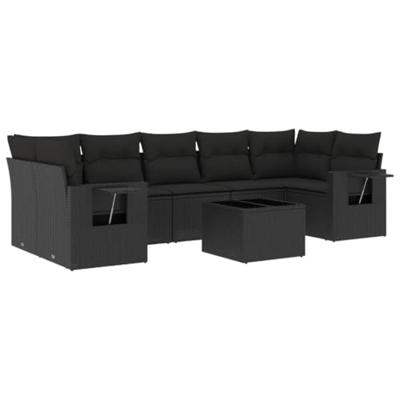 8-delige Loungeset met kussens poly rattan zwart