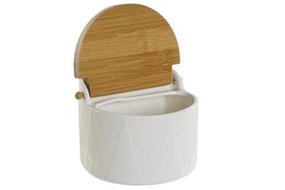 Zoutvaatje met deksel DKD Home Decor Wit Natuurlijk Bamboe Porselein 12 x 10 x 11 cm