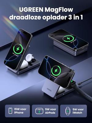 UGREEN W707 3-in-1 15W Magnetic Charger Wireless Charger 15 W Qi-standaard Magsafe, Qi Wireless Charging Grijs Mobiel Snellader, Overstroombeveiliging,