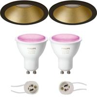 GU10 Inbouwspot Set - Mat Zwart/Goud - Inbouw Rond - Verdiept - Philips Hue - White and Color Ambiance - Bluetooth - Pragmi Pollon Pro - Ø82mm - thumbnail