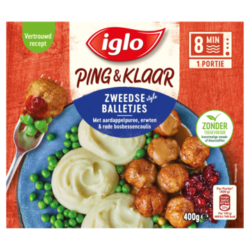 Iglo Ping & Klaar Zweedse Balletjes met aardappelpuree, erwten en rode bosbessencoulis 400 g bij Jumbo