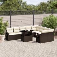 10-delige Loungeset met kussens poly rattan bruin - thumbnail