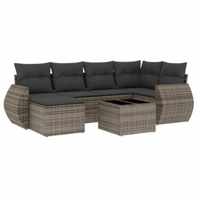7-delige Loungeset met kussens poly rattan grijs