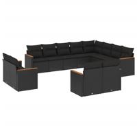 12-delige Loungeset met kussens poly rattan zwart - thumbnail