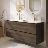 Saqu Terra badmeubel incl. dubbele glans witte keramische wastafel 141x51x66cm sepia eiken - thumbnail