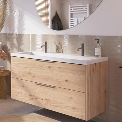 Saqu Lima badmeubel incl. glans witte wastafel met 2 kraangaten 120x52x64cm naturel eiken - rvs greep