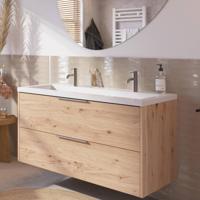 Saqu Lima badmeubel incl. glans witte wastafel met 2 kraangaten 120x52x64cm naturel eiken - rvs greep - thumbnail