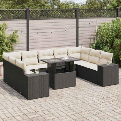 10-delige Loungeset met kussens poly rattan zwart 10-delige Loungeset met kussens poly rattan zwart