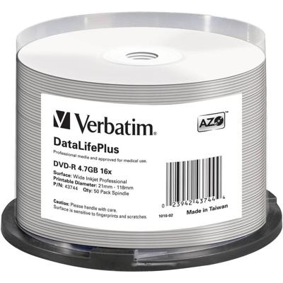 Verbatim 43744 DVD-R disc 4.7 GB 50 stuk(s) Spindel Bedrukbaar Verbatim 43744 DVD-R disc 4.7 GB 50 stuk(s) Spindel Bedrukbaar