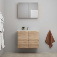 On-Line Badkamermeubelset - 80 cm - Voorgemonteerd - 2 Deuren met Greep - Porseleinen Wastafel - 1 Kraangat - Spiegelkast - Eiken - thumbnail