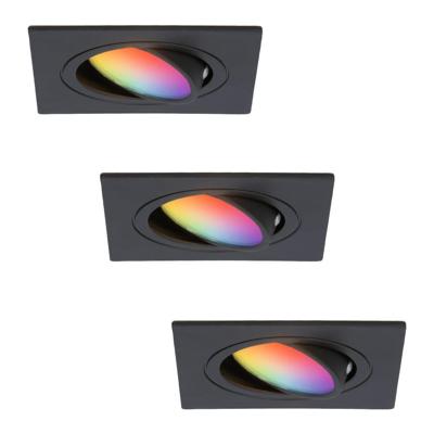 Set van 3 Mallorca - LED inbouwspot - IP20 - Kantelbaar - 5,5 Watt 345 Lumen - Wifi + Bluetooth - RGBWW - GU10 - Google Home, Amazon Alexa en Siri - Vierkant - Voor binnen - Zwart
