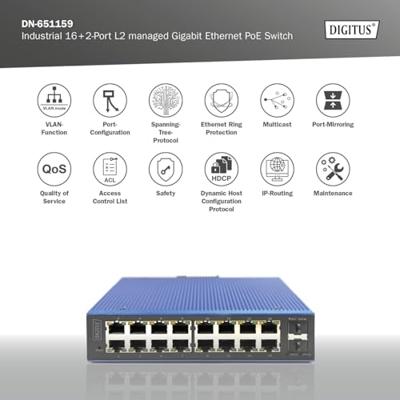 Digitus DN-651159 DN-651159 Industrial Ethernet Switch 16 + 2 poorten 1 GBit/s