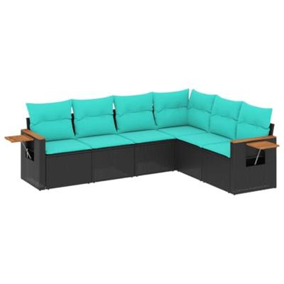 6-delige Loungeset met kussens poly rattan zwart