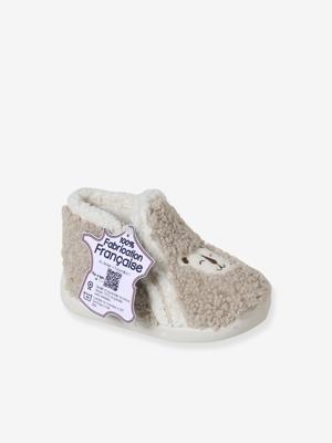 Textiele sloffen met schapenvacht voor baby's, gemaakt in Frankrijk beige