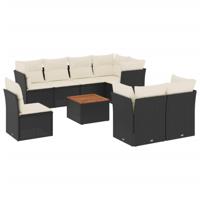 9-delige Loungeset met kussens poly rattan zwart - thumbnail