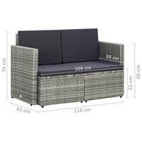 Tuinbank 2-zits met kussens poly rattan grijs - thumbnail