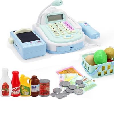 Mini analoge supermarkt Checkout cash register set kind rol spelen Toy 46 PC'S/set blauw