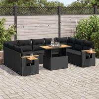 10-delige Loungeset met kussens poly rattan zwart - thumbnail