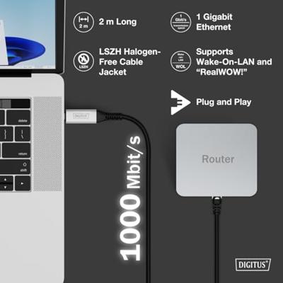Digitus USB 3.1 Gen 1 (USB3.0), USB 3.2 Gen 1 (USB 3.0), USB, USB-C Adapterkabel [1x USB, USB 3.2 Gen 1 (USB 3.0) - 1x RJ45, RJ45-stekker] AK-300601-020-S 2 m