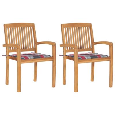Tuinstoelen 2 st met rood geruite kussens massief teakhout