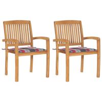 Tuinstoelen 2 st met rood geruite kussens massief teakhout - thumbnail