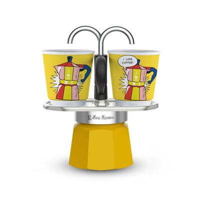 Italiaanse koffiezetset + 2 kopjes - BIALETTI - Mini-express LICHTENSTEIN - 100 ml - Roestvrij staal / Geel