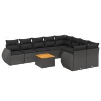 10-delige Loungeset met kussens poly rattan zwart - thumbnail