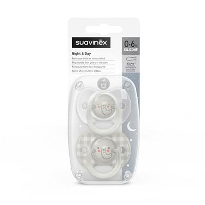 Suavinex, Set van 2 fopspenen voor pasgeborenen en baby's, 0/6 maanden, fosforescerende fopspenen, ideaal voor nacht, met symmetrische speen SX Pro van siliconen, omkeerbaar, zacht en zacht, nacht en